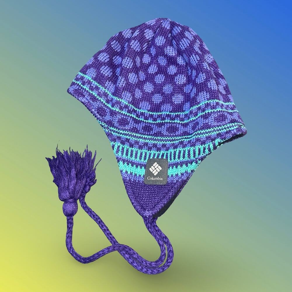 Columbia Youth Whirlibird Omni Heat Earflap Beanie Hat Purple Fair Isle Dot